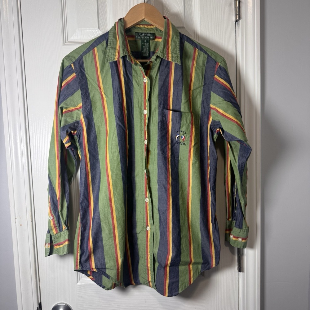 Lauren Ralph Lauren VTG Button Up Green Stripe Shirt Womens Size 8 Medium Crest